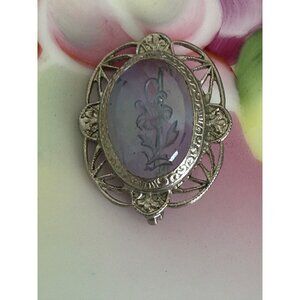 Vintage 30's Blue Glass Flower Intaglio Brooch Rhodium Plated